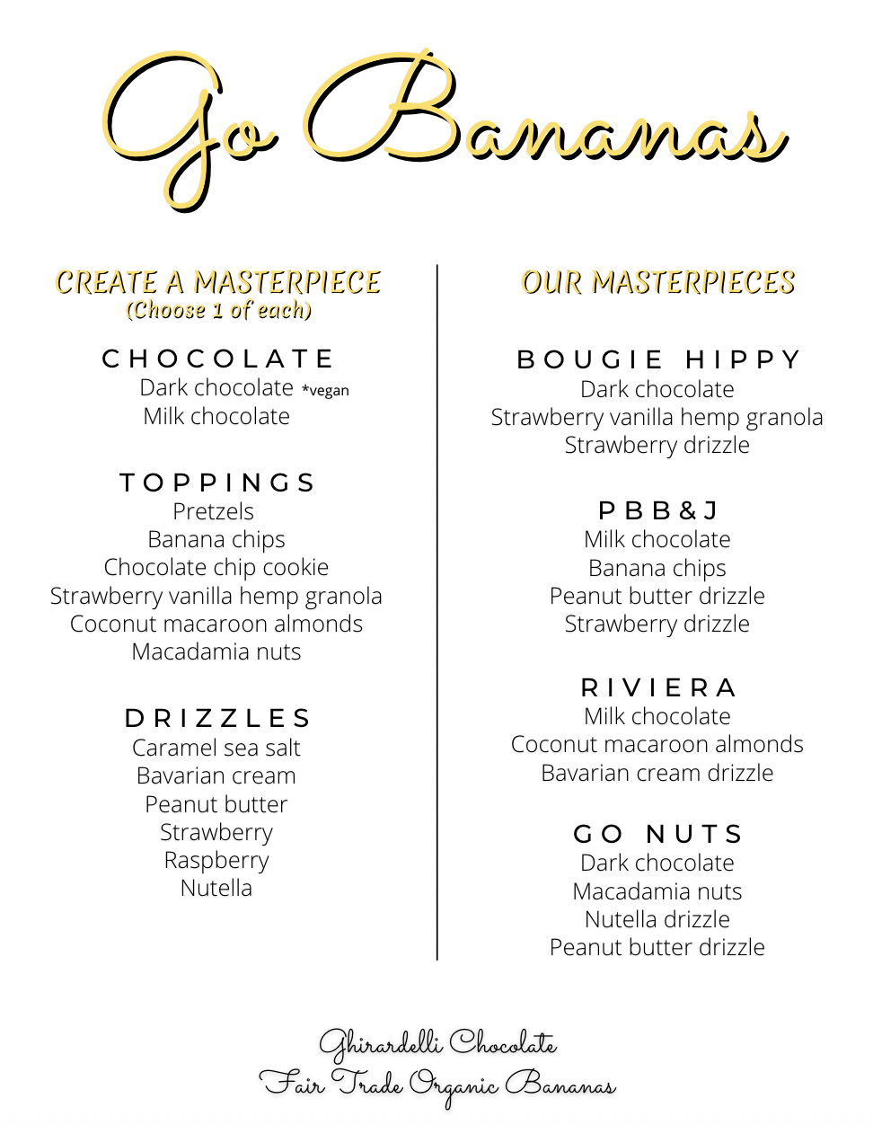 Go Bananas full menu — Create a Masterpiece or choose from Our Masterpieces